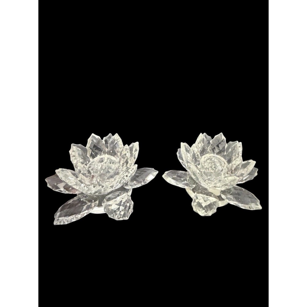 Vtg Shannon Crystal by Godinger Lotus Flower Taper Candle Holder-Set of 2 Chip
